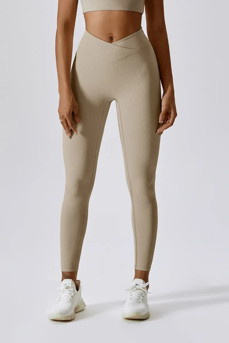 Ribbed Crossover Tights Beige - L Tights / Leggings
